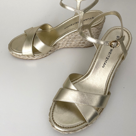 Stuart Weitzman Dayna Espadrille Wedge Sandal Leather Light Gold Natural 10.5 B - Picture 6 of 10